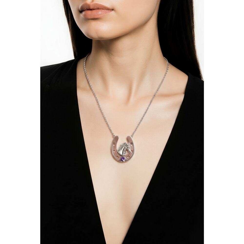 Sterling Silver Horseshoe With Friesian Horse Amethyst Stone Pendant Necklace